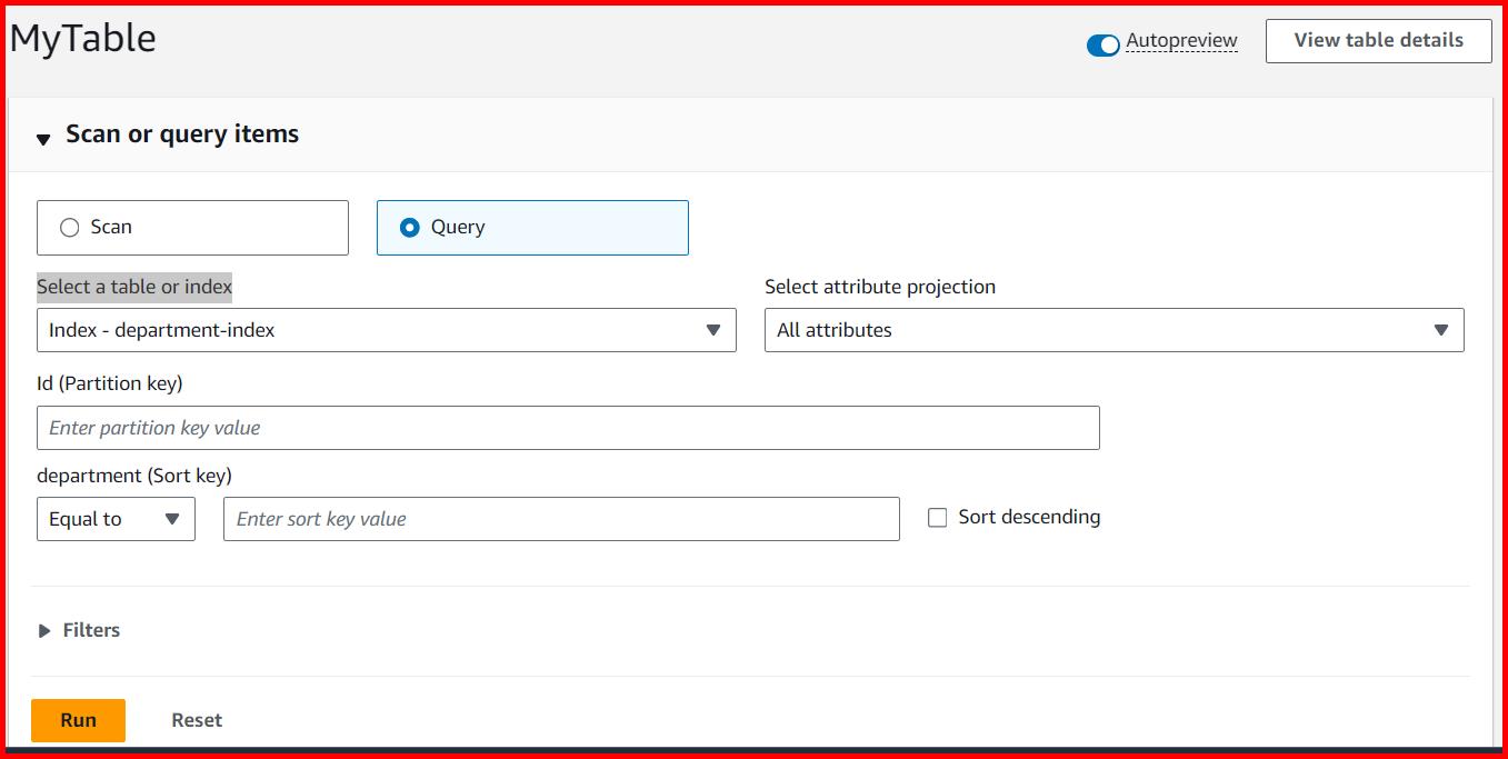 Picture showing the screen for querying or scanning table